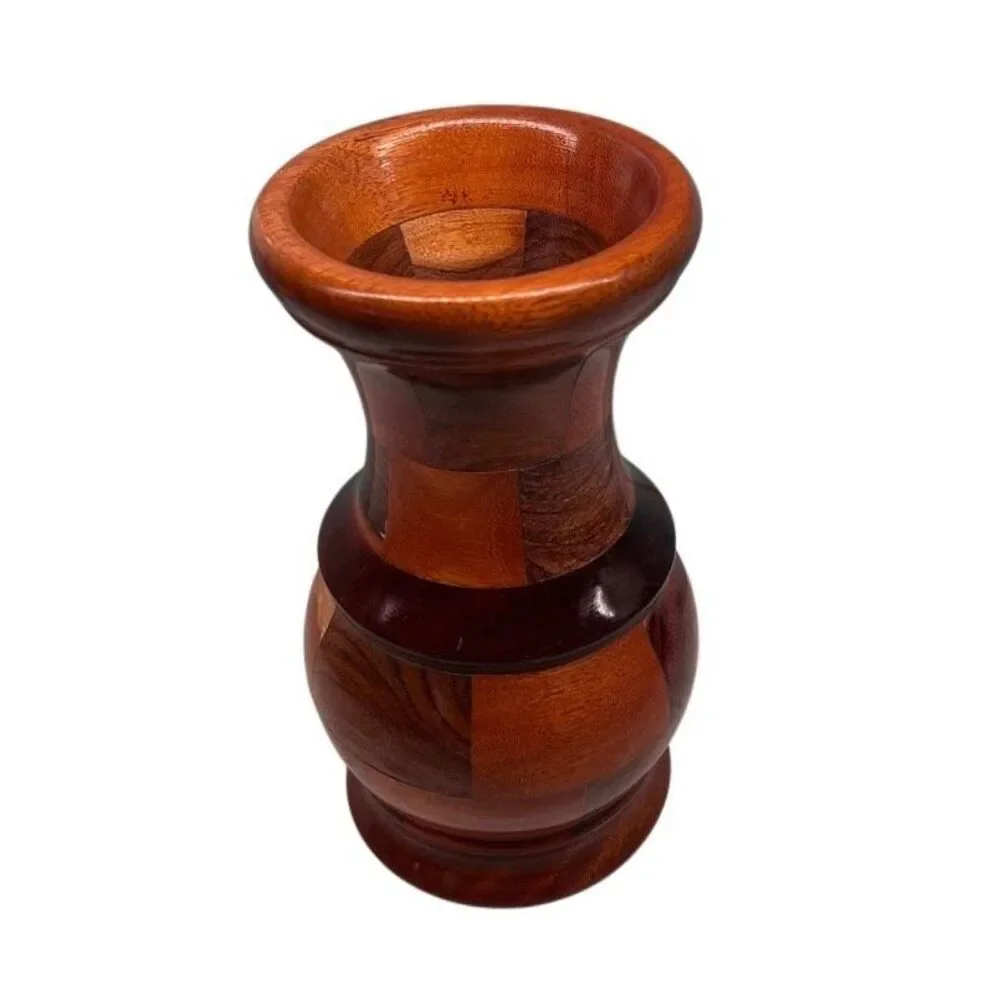 Vintage Multi Wood Mosaic Vase 8” Brown Hand Pieced Parquet Two-tone Segmented - Picture 5 of 11